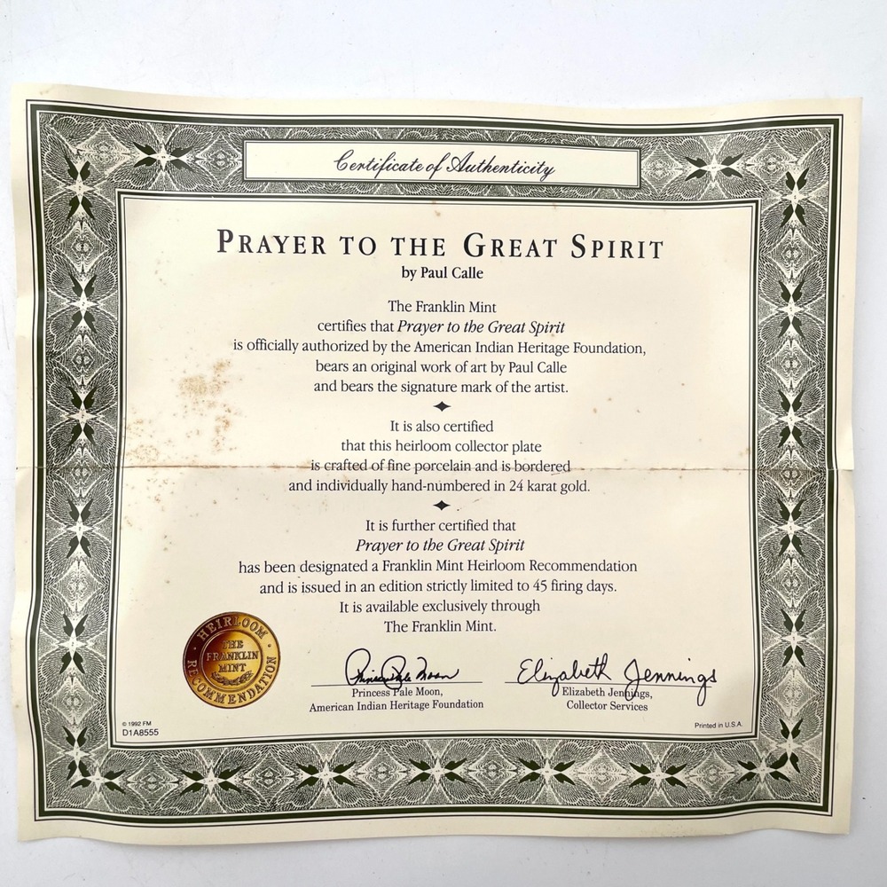 Franklin Mint Collector Plate Paul Calle Prayer to the Great Spirit Gold Trim EX - Picture 3 of 4